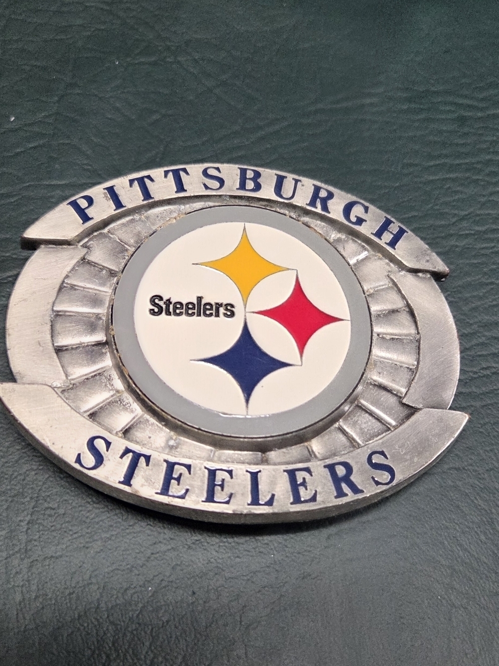 **Pittsburgh Steelers Metal Emblem - Silver with Yellow Red Blue Accents**